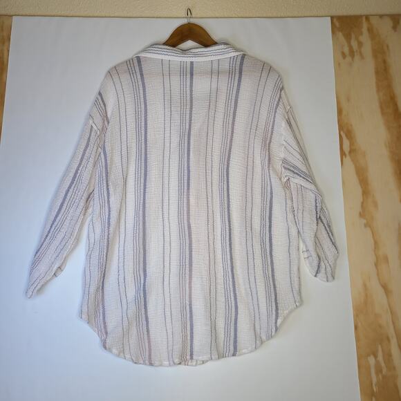 Kana Sol White Blue Stripes Cover Up Button Down Shirt Size Large - Picture 8 of 9